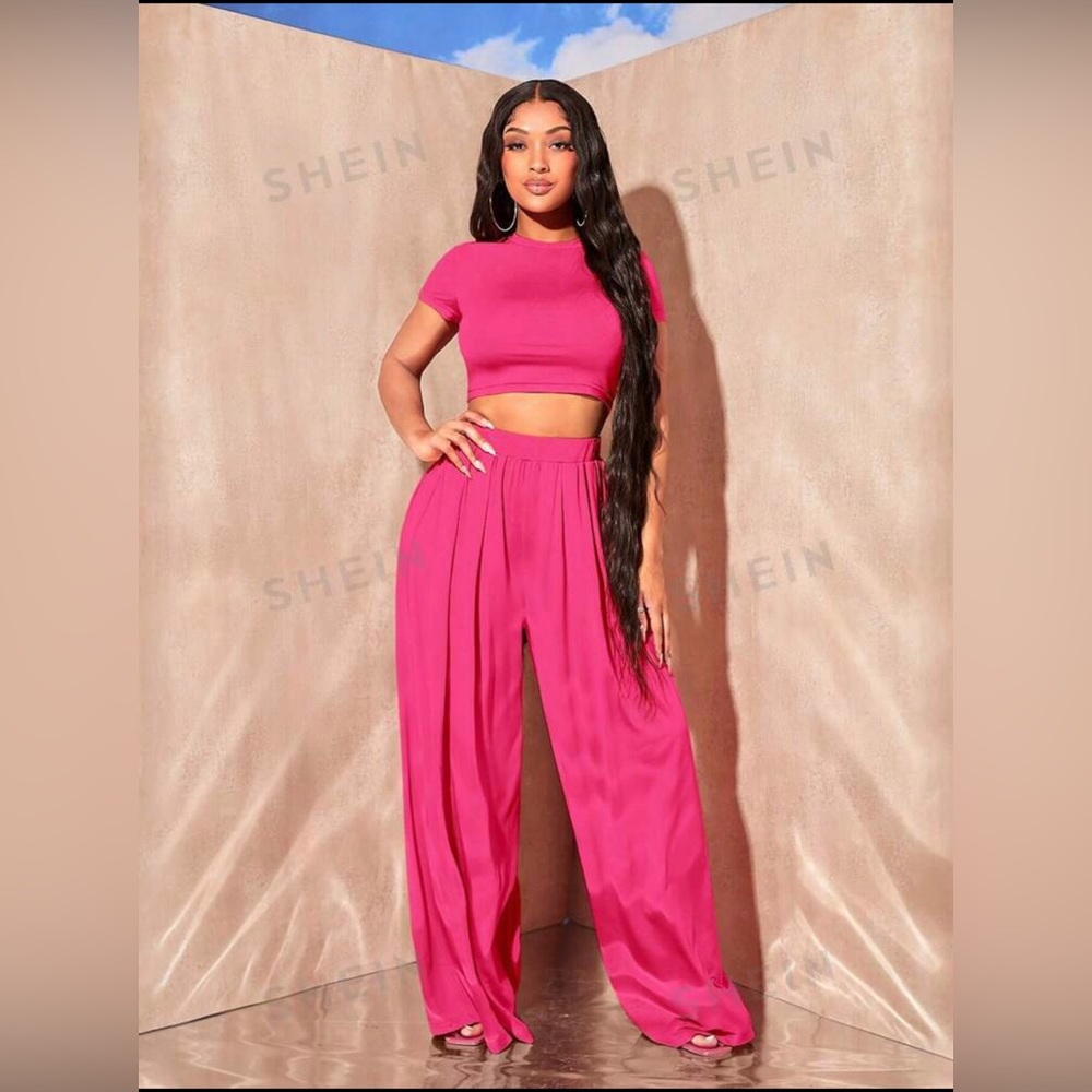 SHEIN SXY Solid Crop Top & Wide Leg Pants - Picture 3 of 4